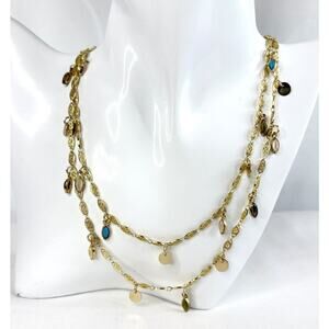 Gold Tone Two Layer Necklace Turquoise White Green Gold Coin Charms 16”-19” Long